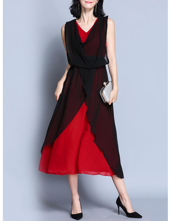 Elegant Women V-Neck Contrast Color Sleeveless Irregular Maxi Dress