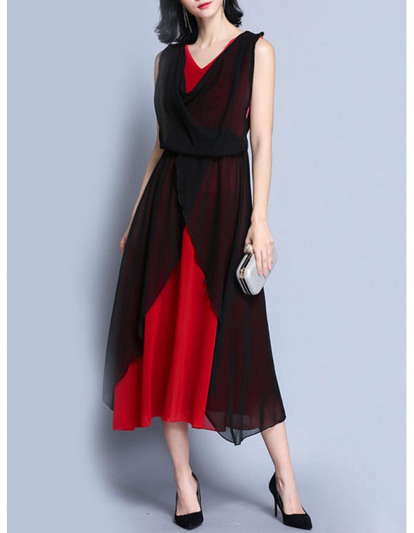 Elegant Women V-Neck Contrast Color Sleeveless Irregular Maxi Dress