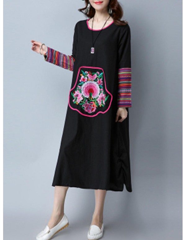 Ethnic Women Floral Embroidered Long Sleeve O-Neck Maxi Dress