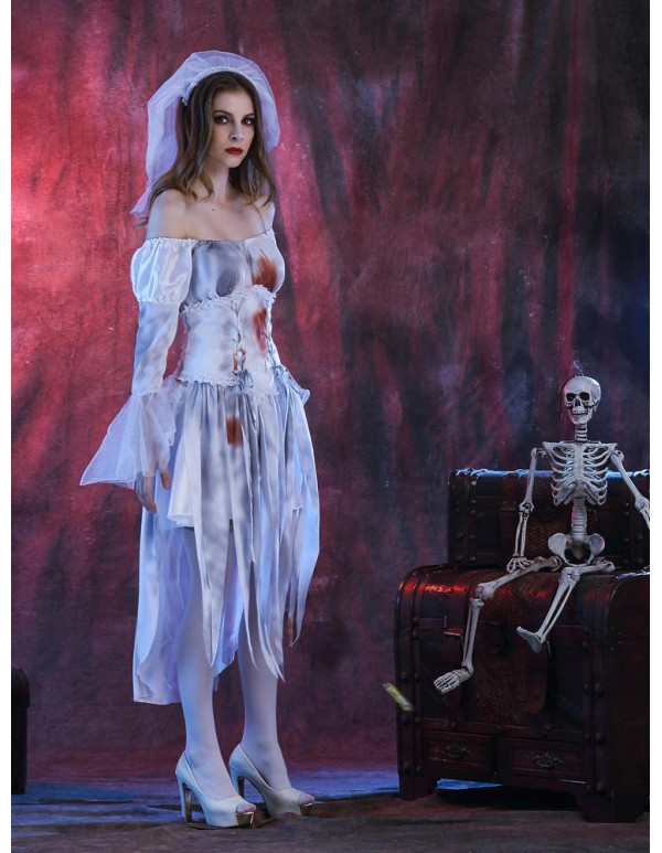 Halloween Women Off Shoulder Zombie Ghost Bride Costume Dress with Headwear