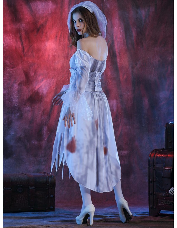 Halloween Women Off Shoulder Zombie Ghost Bride Costume Dress with Headwear