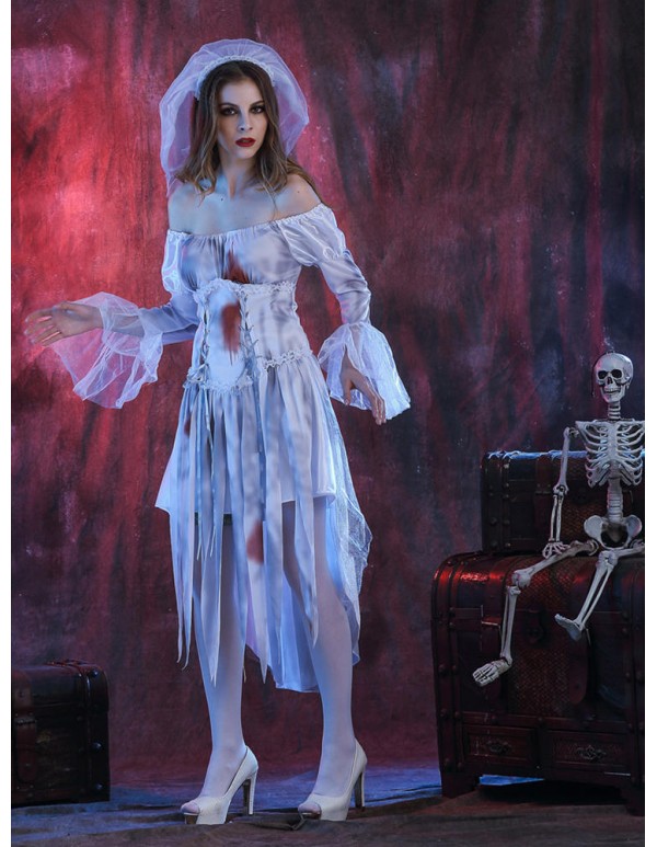 Halloween Women Off Shoulder Zombie Ghost Bride Costume Dress with Headwear