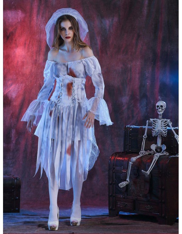 Halloween Women Off Shoulder Zombie Ghost Bride Costume Dress with Headwear