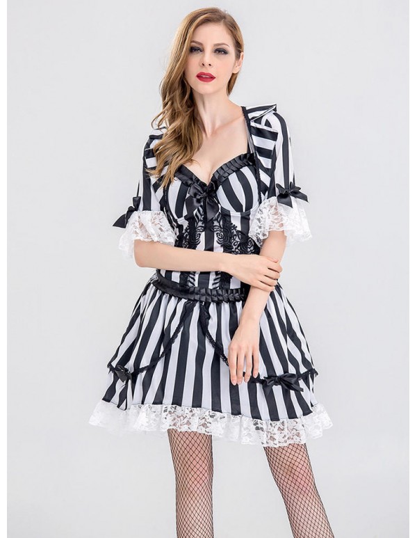 Halloween Sexy Vampire Cosplay Costume Women Striped Lace Patchwork Mini Dress