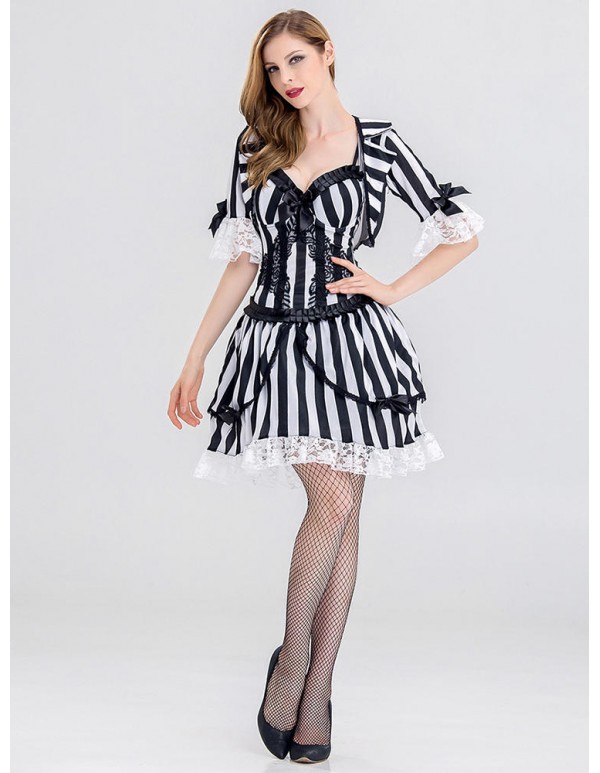 Halloween Sexy Vampire Cosplay Costume Women Striped Lace Patchwork Mini Dress