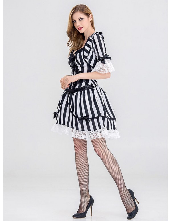 Halloween Sexy Vampire Cosplay Costume Women Striped Lace Patchwork Mini Dress