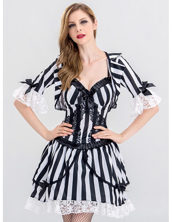 Halloween Sexy Vampire Cosplay Costume Women Striped Lace Patchwork Mini Dress