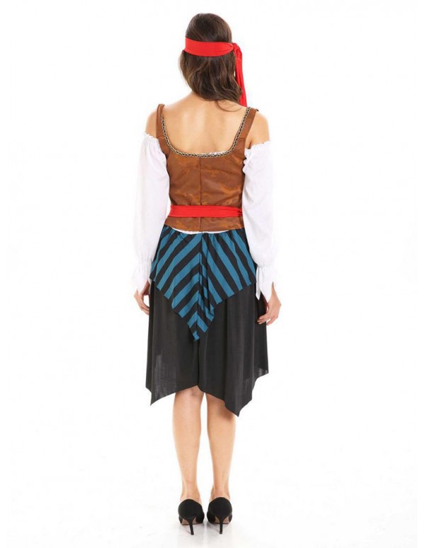 Halloween Pirate Costume Women Off Shoulder Long Sleeve Striped Patchwork Dress