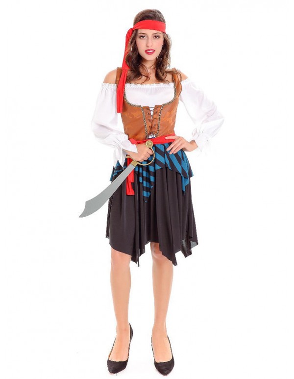 Halloween Pirate Costume Women Off Shoulder Long Sleeve Striped Patchwork Dress