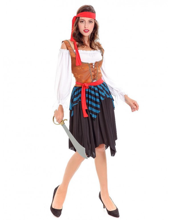 Halloween Pirate Costume Women Off Shoulder Long Sleeve Striped Patchwork Dress