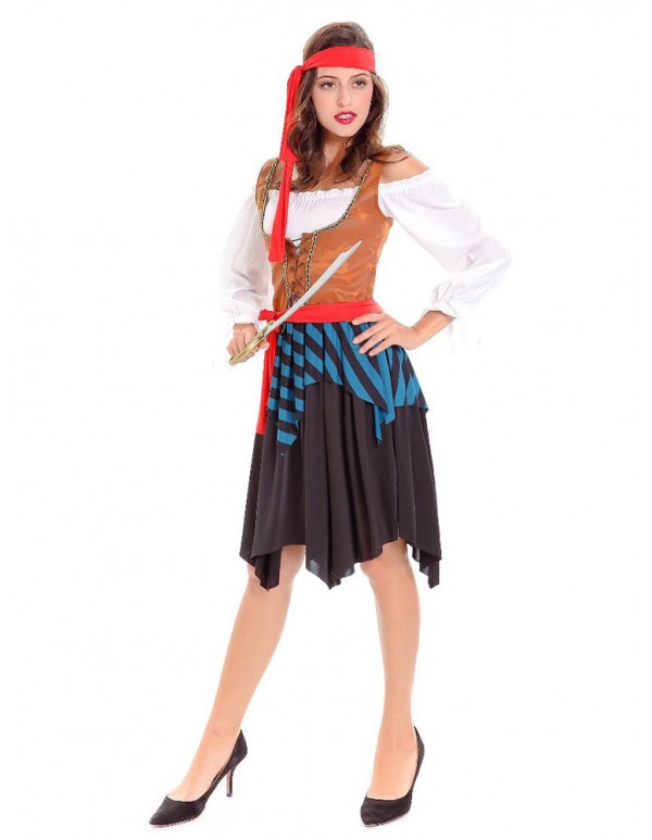 Halloween Pirate Costume Women Off Shoulder Long Sleeve Striped Patchwork Dress