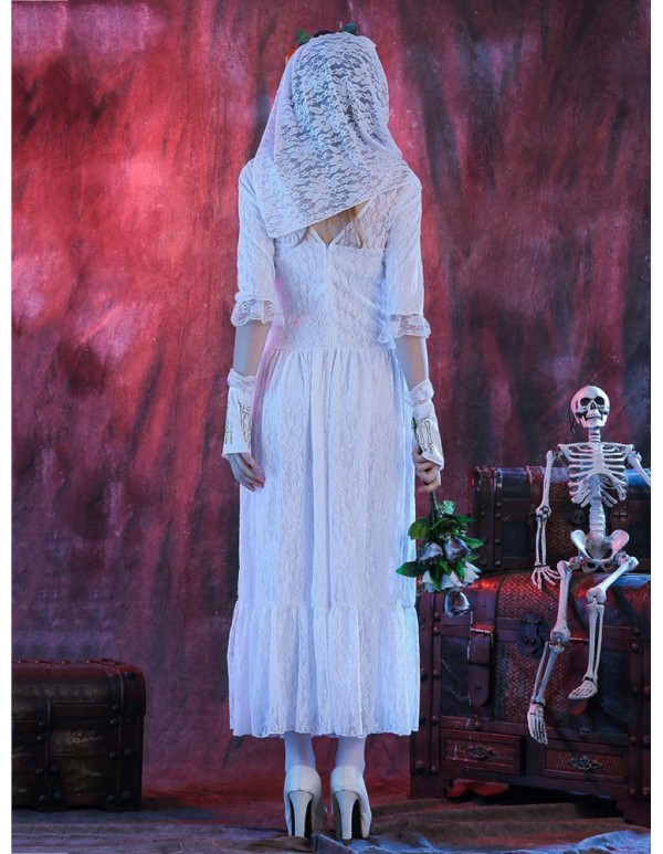 Halloween Corpse White Bride Lace Cosplay Costume Adult Women Party Dress