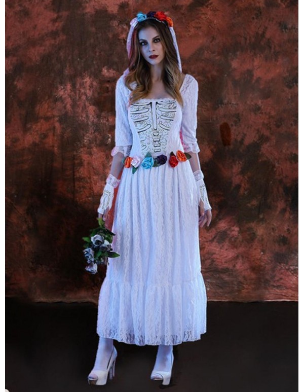 Halloween Corpse White Bride Lace Cosplay Costume Adult Women Party Dress