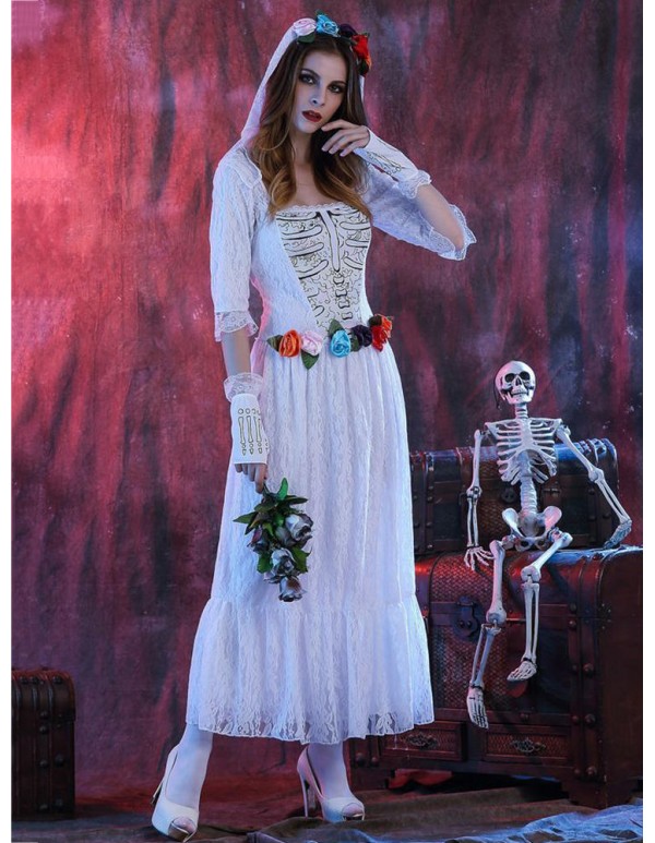 Halloween Corpse White Bride Lace Cosplay Costume Adult Women Party Dress