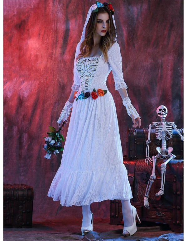 Halloween Corpse White Bride Lace Cosplay Costume Adult Women Party Dress