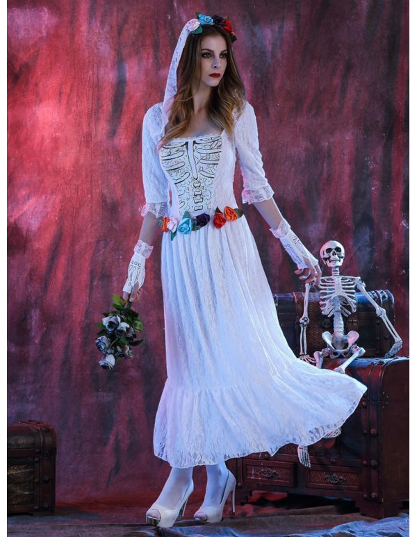 Halloween Corpse White Bride Lace Cosplay Costume Adult Women Party Dress