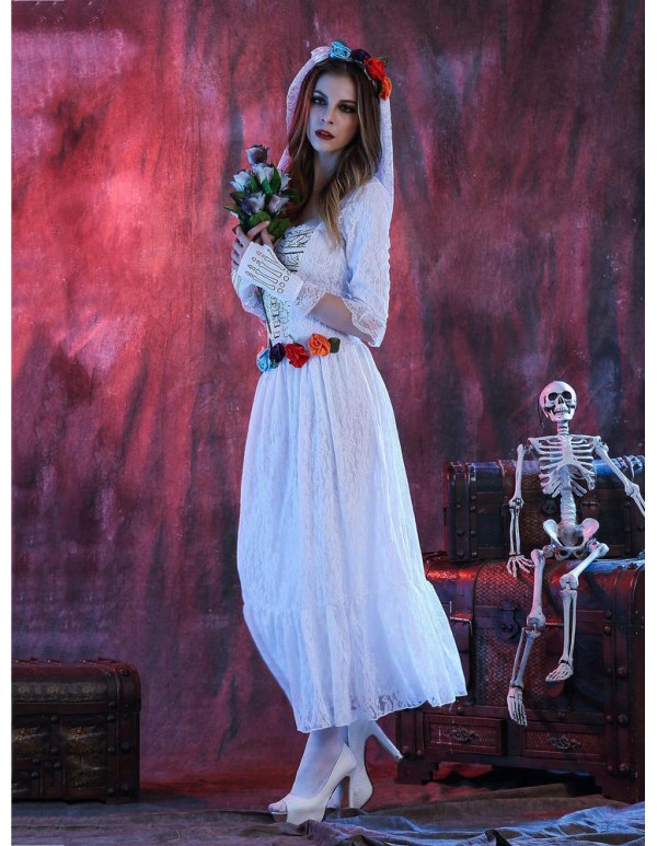 Halloween Corpse White Bride Lace Cosplay Costume Adult Women Party Dress