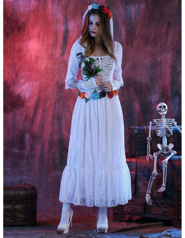 Halloween Corpse White Bride Lace Cosplay Costume Adult Women Party Dress