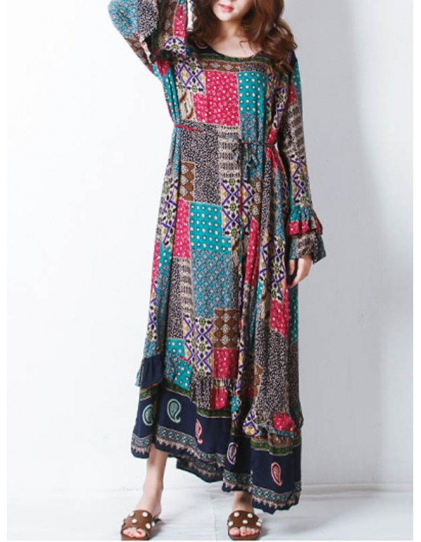 Retro Women Random Printed Patchwork Boho Maxi Dress