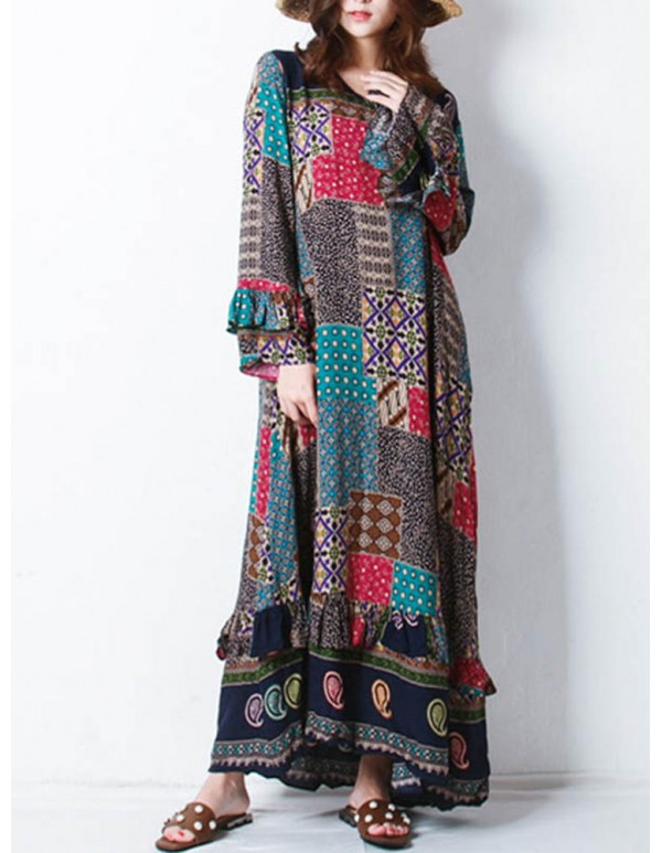 Retro Women Random Printed Patchwork Boho Maxi Dress