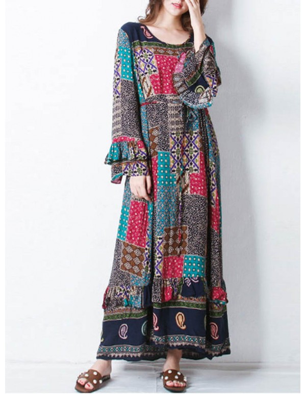 Retro Women Random Printed Patchwork Boho Maxi Dress