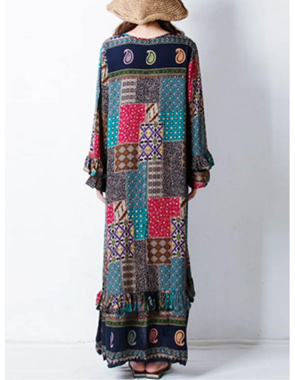 Retro Women Random Printed Patchwork Boho Maxi Dress