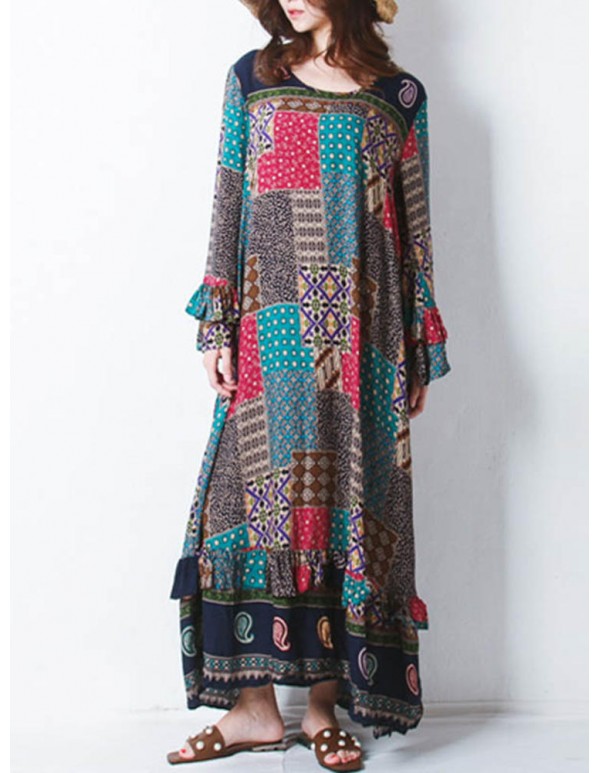 Retro Women Random Printed Patchwork Boho Maxi Dress