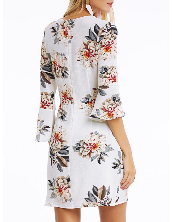 Sexy Women V-Neck Lace Up Floral Printed Bell Sleeve Dress