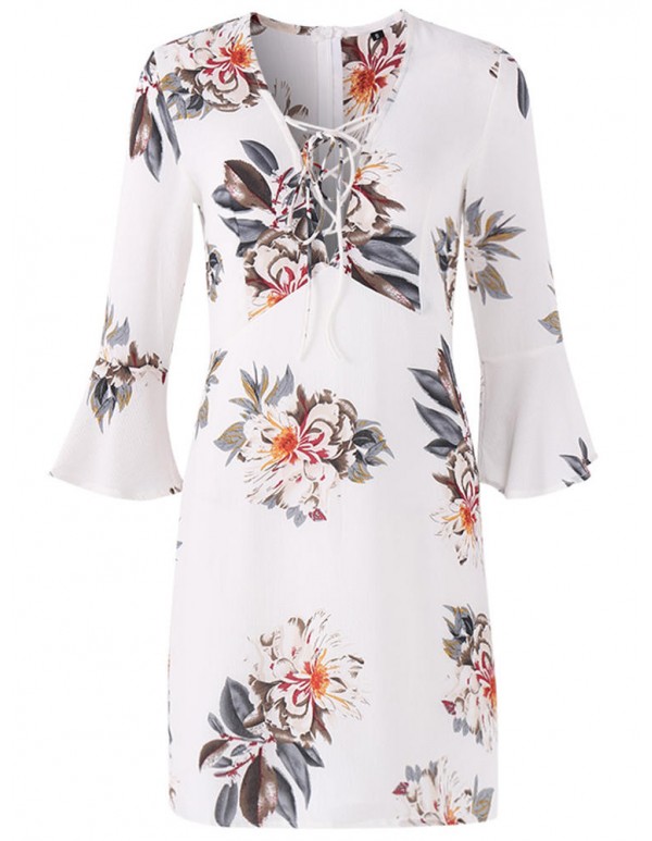 Sexy Women V-Neck Lace Up Floral Printed Bell Sleeve Dress