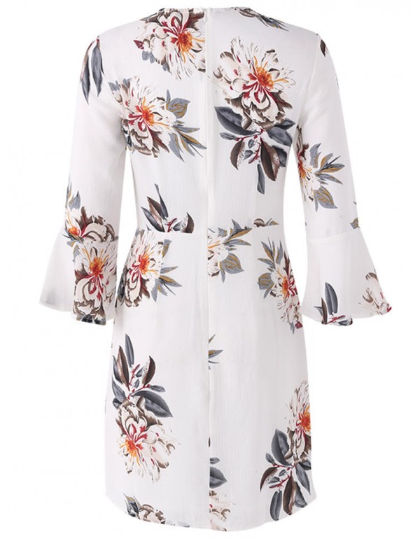 Sexy Women V-Neck Lace Up Floral Printed Bell Sleeve Dress