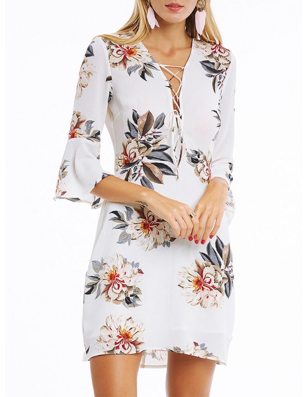 Sexy Women V-Neck Lace Up Floral Printed Bell Sleeve Dress