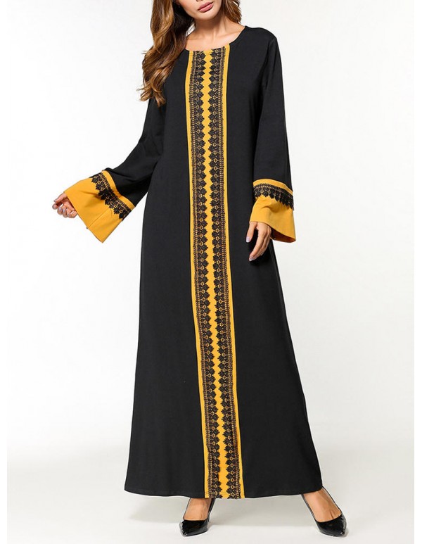 Contrast Color Lace Stitching Long Sleeve O-Neck Maxi Dress For Women