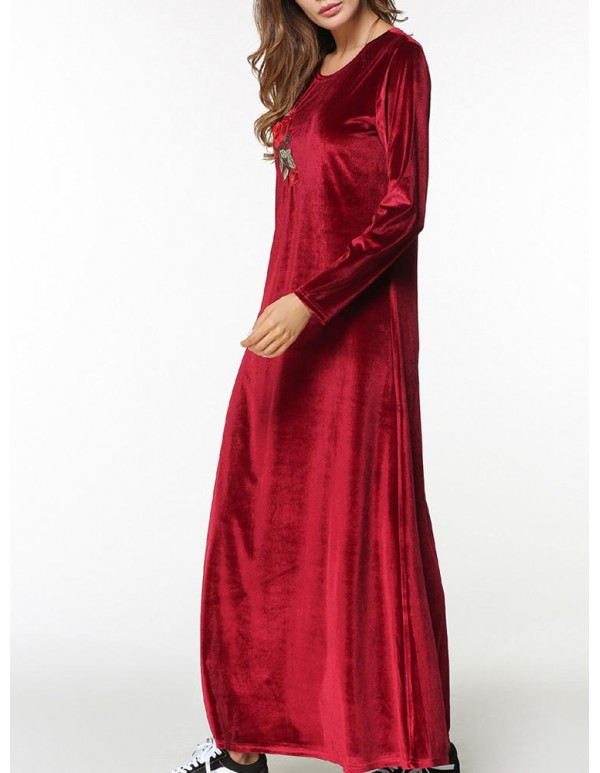 Velvet Women Long Sleeve O-Neck Floral Embroidery Maxi Dress