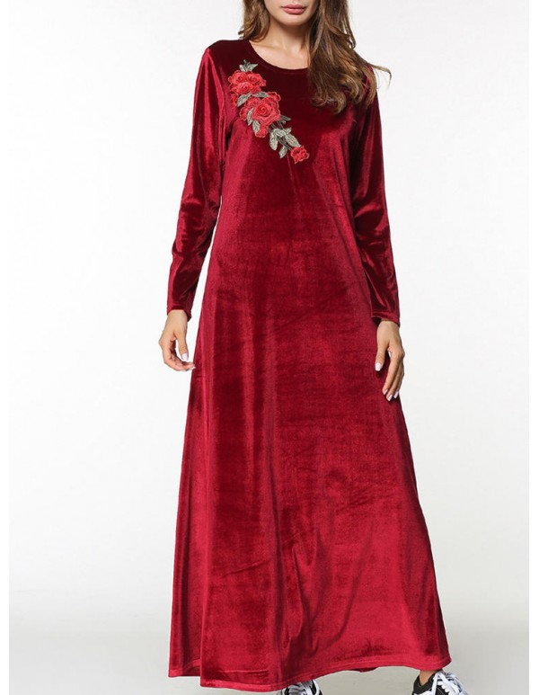 Velvet Women Long Sleeve O-Neck Floral Embroidery Maxi Dress