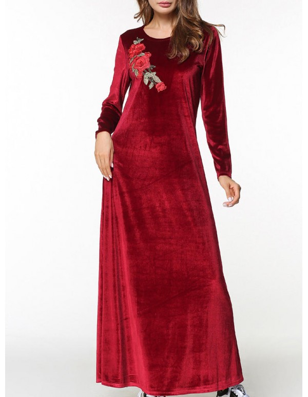 Velvet Women Long Sleeve O-Neck Floral Embroidery Maxi Dress