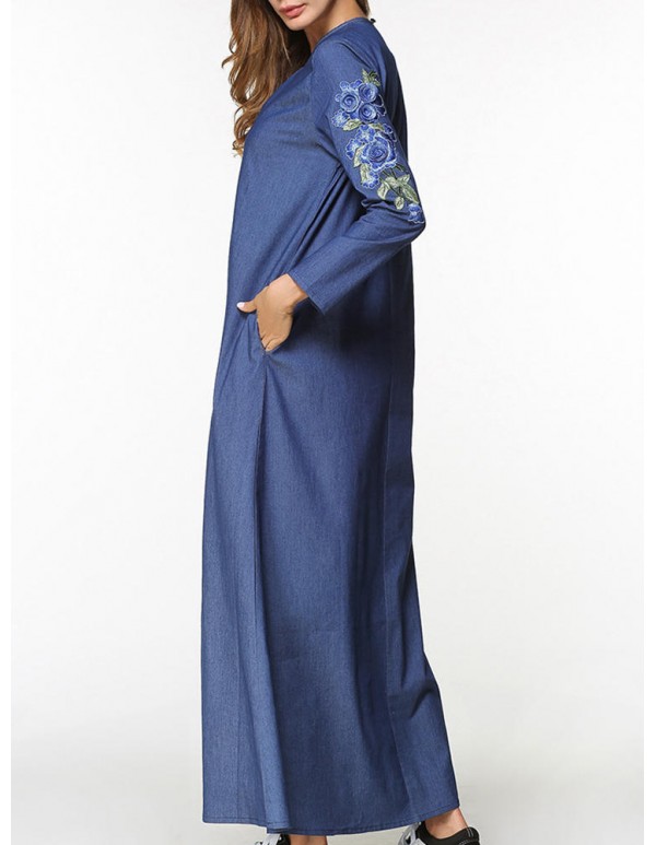 Slim Women Floral Embroidery Long Sleeve Pocket Denim Maxi Dress