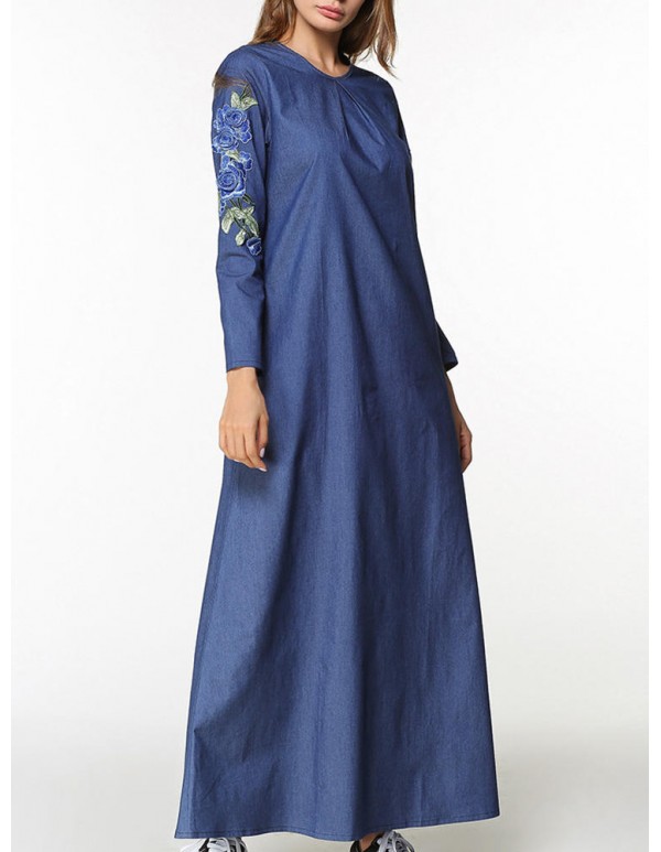 Slim Women Floral Embroidery Long Sleeve Pocket Denim Maxi Dress