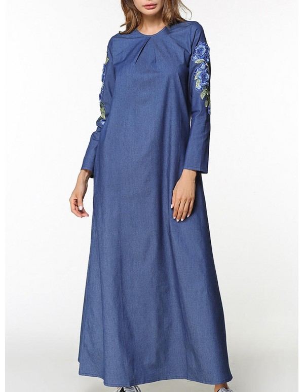 Slim Women Floral Embroidery Long Sleeve Pocket Denim Maxi Dress