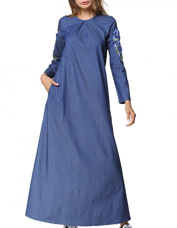 Slim Women Floral Embroidery Long Sleeve Pocket Denim Maxi Dress