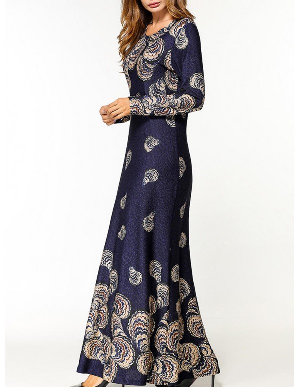 Slim Women Long Sleeve O-Neck Printed Party Maxi Dress