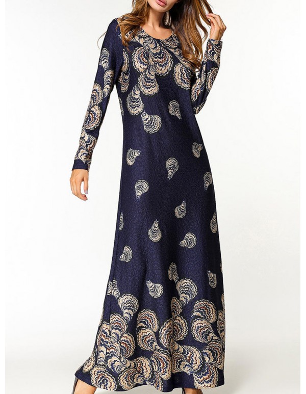 Slim Women Long Sleeve O-Neck Printed Party Maxi Dress