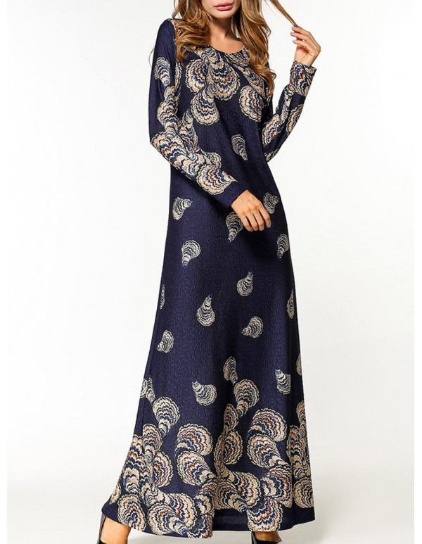 Slim Women Long Sleeve O-Neck Printed Party Maxi Dress