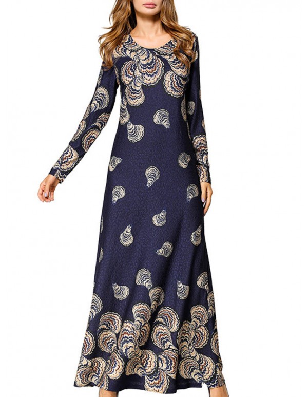 Slim Women Long Sleeve O-Neck Printed Party Maxi Dress