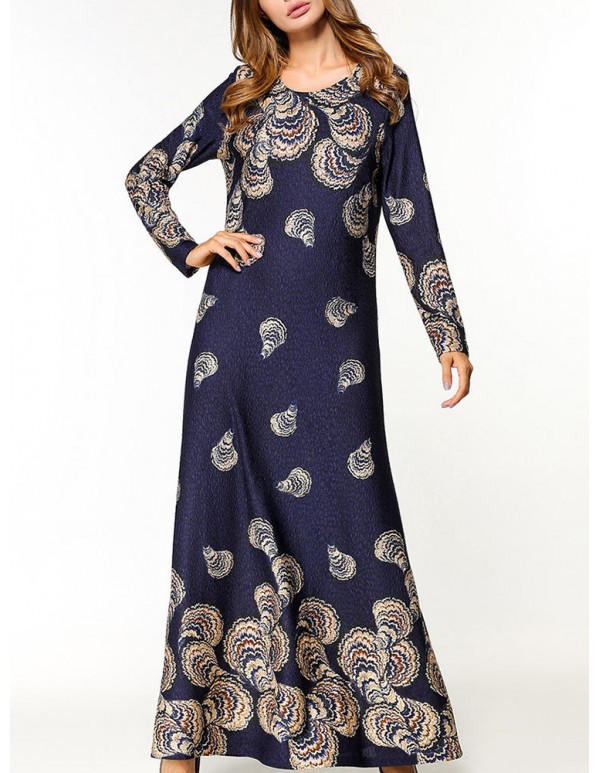 Slim Women Long Sleeve O-Neck Printed Party Maxi Dress