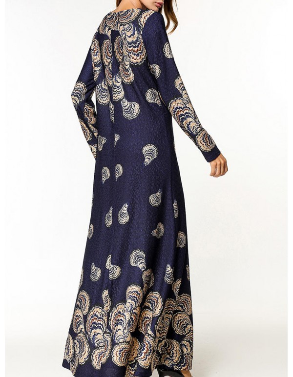 Slim Women Long Sleeve O-Neck Printed Party Maxi Dress