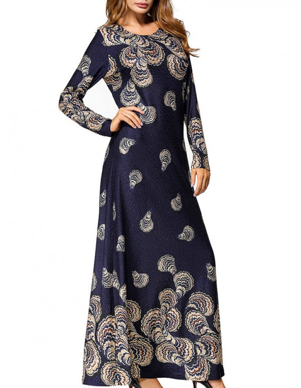 Slim Women Long Sleeve O-Neck Printed Party Maxi Dress