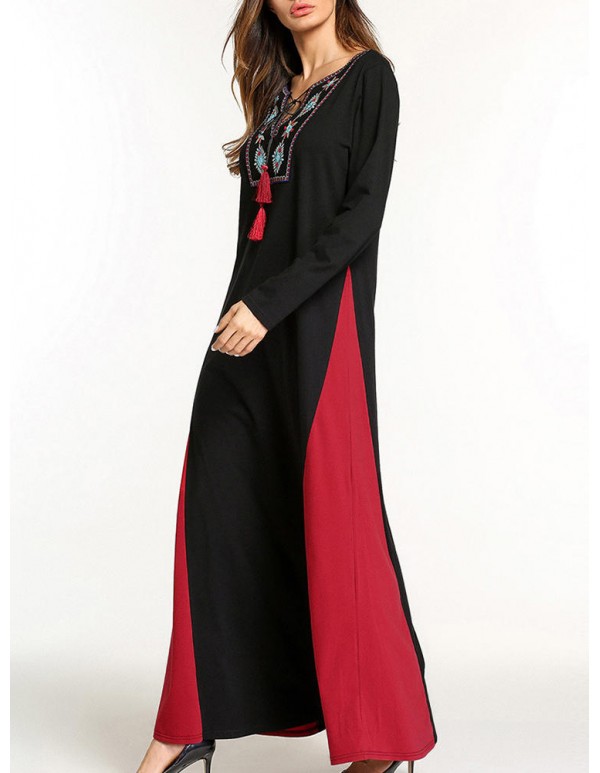 Ethnic Women Embroidery V-Neck Lace Up Long Sleeve Maxi Dress