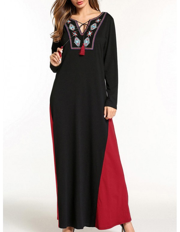 Ethnic Women Embroidery V-Neck Lace Up Long Sleeve Maxi Dress