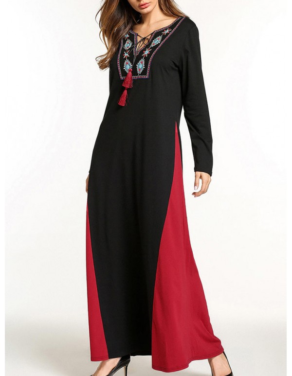 Ethnic Women Embroidery V-Neck Lace Up Long Sleeve Maxi Dress