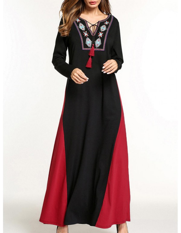 Ethnic Women Embroidery V-Neck Lace Up Long Sleeve Maxi Dress